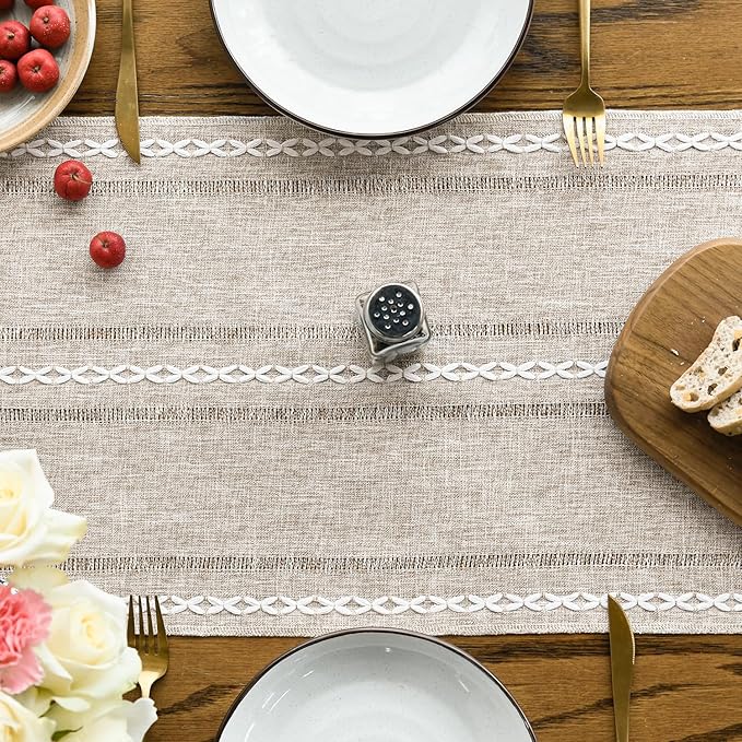 Artoid Mode Brown Rustic Cotton Linen Table Runner, Seasonal Embroidered Hollow Kitchen Dining Table Decoration for Home Party Decor 13x108 Inch