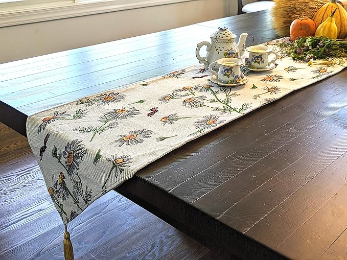 Tache Ivory Floral Table Runner Yellow Daisies Ladybugs Woven - Long Vintage Tapestry Kitchen Dining Dinner Linens Cloth - 13 x 90 inches