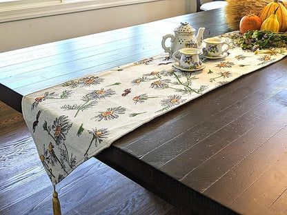 Tache Ivory Floral Table Runner Yellow Daisies Ladybugs Woven - Long Vintage Tapestry Kitchen Dining Dinner Linens Cloth - 13 x 90 inches