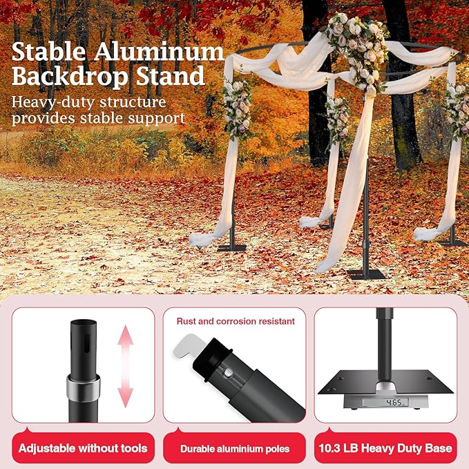 EMART Backdrop Stand Heavy Duty 10x10Ft, Round Pipe and Drape Photo Background Support Kit, Adjustable Metal Frame with Flat Base for Wedding Birthday Party Decorations-Black