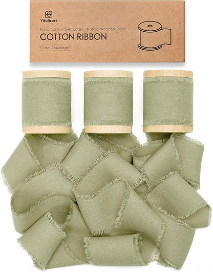Vitalizart Sage Green Ribbon 1-1/2" x 15 Yd 100% Cotton Handmade Frayed Fringe Fabric Ribbons for Gift Wrapping Wedding Invites Bridal Shower Bouquets Christmas Decorations