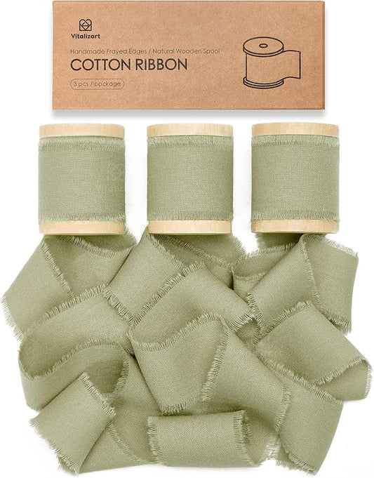 Vitalizart Sage Green Ribbon 1-1/2" x 15 Yd 100% Cotton Handmade Frayed Fringe Fabric Ribbons for Gift Wrapping Wedding Invites Bridal Shower Bouquets Christmas Decorations