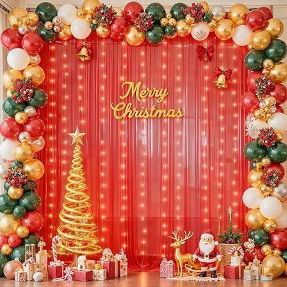 10x10ft Red Tulle Backdrop Curtain with Lights String for Parites, Sheer Backdrop Curtains for Christmas Wedding Baby Shower Birthday Party Photo Shoot Decorations