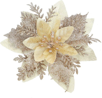 15Pcs Christmas Poinsettia Artificial Flowers Decorations, Glitter Poinsettia Christmas Tree Ornaments, Champagne Tree Flowers for Xmas/Holiday/Wreath/Garland Decor, with Cilps, 5.5 Inch