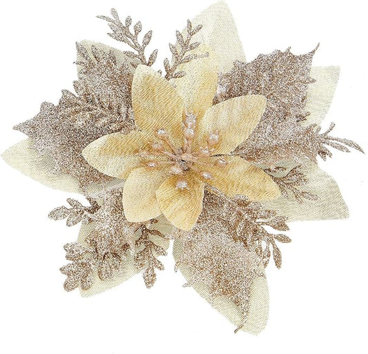 15Pcs Christmas Poinsettia Artificial Flowers Decorations, Glitter Poinsettia Christmas Tree Ornaments, Champagne Tree Flowers for Xmas/Holiday/Wreath/Garland Decor, with Cilps, 5.5 Inch