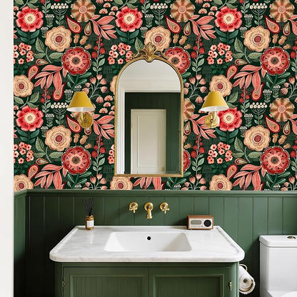 HAOKHOME Peel and Stick Wallpaper Boho Vintage Dark Floral Wall Paper Cottagecore for Bedroom Bathroom Accent Wall Green/Red/Cream 17.3in x 9.8ft