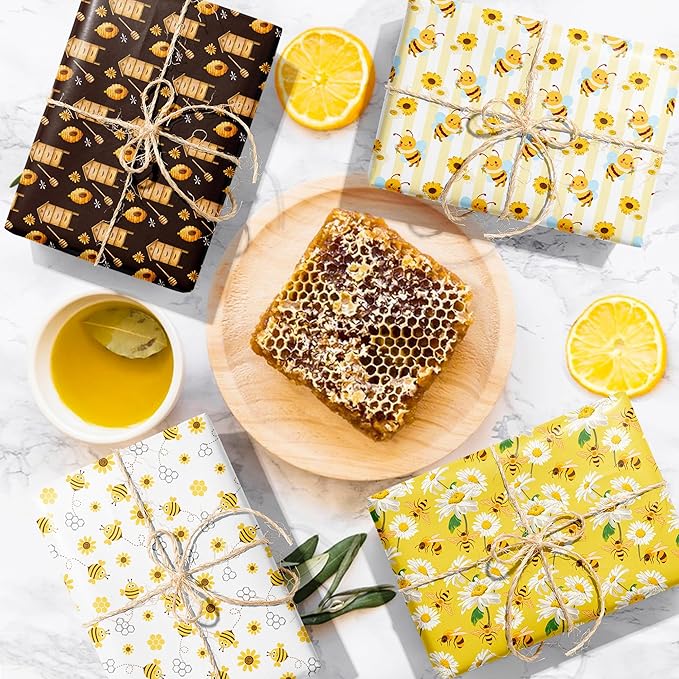 Jajajuegos 12 Sheets Bee Wrapping Paper Set - Yellow Black Bee Honeycomb Pattern - Gift Wrapping Paper for Winter Baby Shower, Birthday Party Decorations - 4 Designs, 20'' x 27''