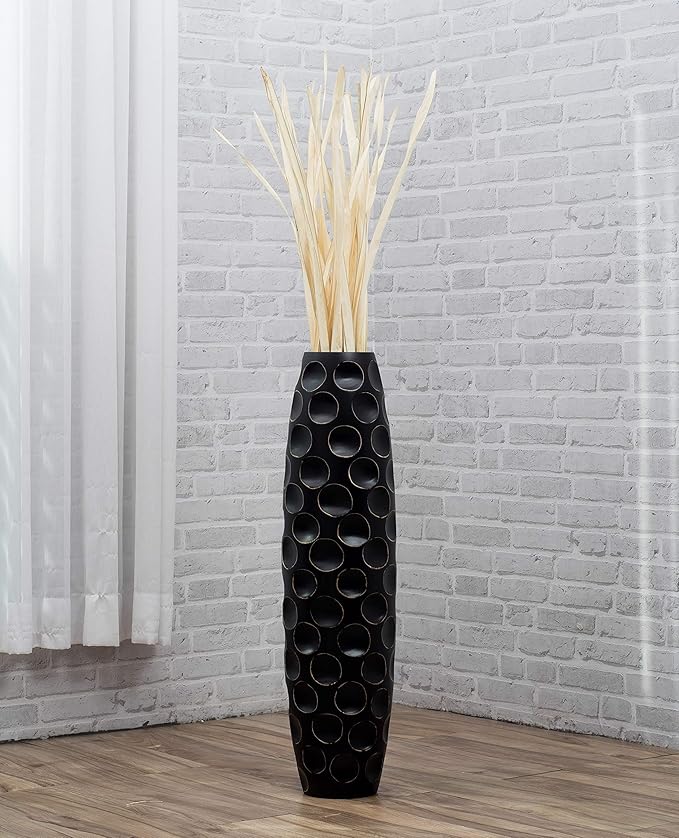 Leewadee Large Black Home Decor Floor Vase - Wooden 26 inch Tall Farmhouse Decor Flower Holder for Fake Plant and Pampas Grass