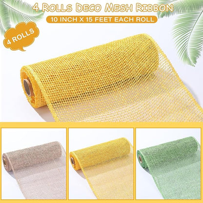 Chuangdi 4 Rolls Spring Summer Poly Burlap Mesh Poly Burlap Deco Ribbon Mesh Roll for Easter DIY Flower Wreath Garland, 10 Inch