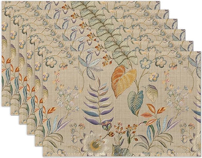 Colorful Flower and Leaf Placemats Set of 6 Place Mats for Kitchen Table Washable Farmhouse Linen Table Mats Dining Decoration 12x18 Inch