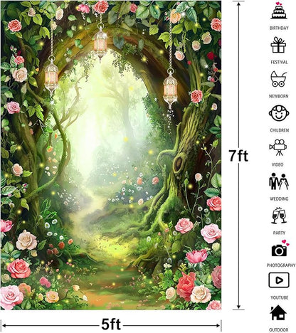 Riyidecor Enchanted Fairy Backdrop Polyester Fabric Greenery Woodland Tale Wonderland Flower Rose Fantasy Spring Nature Tree 5Wx7H Feet Floral Plant Photography Background Birthday Photo Studio Shoot