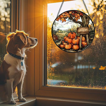Stained Glass Window Hanging Fall Farm Scenery Maple Trees Pumpkin 9.8" - Suncatcher Door Garden Kitchen Sun Catcher Autumn Decor Birthday for Mom Nana Men Woman Friend
