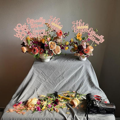 Ephlyn 16Pcs Happy Retirement Centerpiece Sticks Officially Retired Table Flower Centerpieces Sticks No Work Zone Floral Decorations for Farewell Birthday Party Centerpieces Supplies Rose Gold