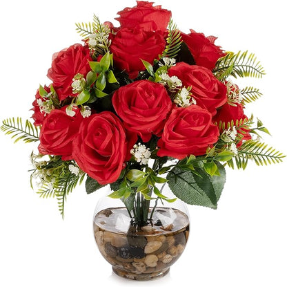 ENOVA FLORAL 18 Heads Silk Rose Artificial Flowers in Vase,Faux Rose Flowers Arrangement in Round Bowl Vase with Faux Water and River Rock for Table Decor Centerpieces (Red)