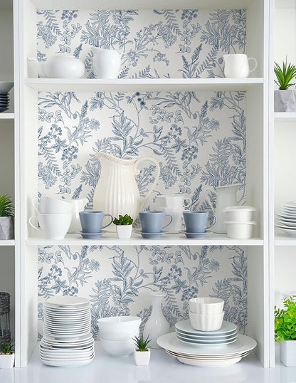 394"x17.3" Peel and Stick Wallpaper Blue and White Floral Wall Paper for Bedroom Blue Contact Paper for Cabinets Self-Adhesive Removable Wallpaper for Bathroom Kitchen Wall Decor