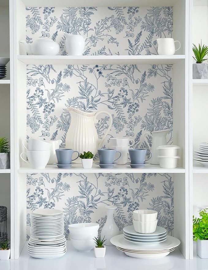 Peel and Stick Wallpaper Blue and White Floral Wall Paper for Bedroom Blue Contact Paper for Cabinets Self-Adhesive Removable Wallpaper for Bathroom Kitchen Wall Decor 118" x 17.3"