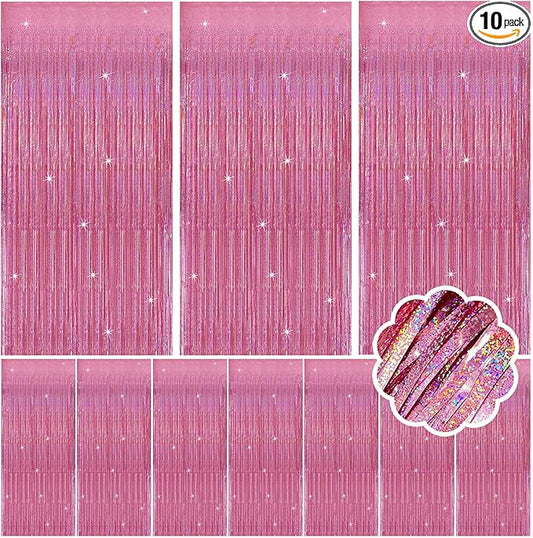 10 Pack Pink Metallic Tinsel Photo Backdrop for Wedding Engagement Baby Shower Bachelorette Christmas Celebration Birthday Party Decorations