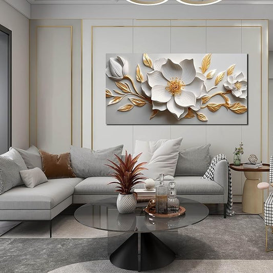 Canvas Wall Art for Living Room Bedroom Office White and Gold Flower Artwork Large Botanical Wall Art Framed Wall Decor Modern Canvas Prints 29x59 In