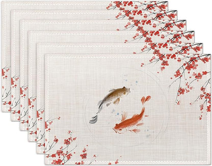 Japanese Cherry Blossom and Fish Placemats Set of 6 Place Mats for Kitchen Table Washable Farmhouse Linen Table Mats Dining Decoration 12x18 Inch