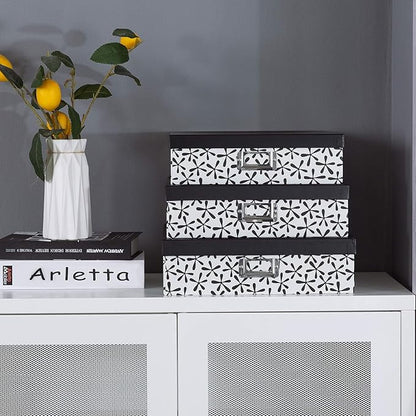 Soul & Lane Decorative Cardboard Storage Boxes With Lids for Home Décor, Set of 3 Nesting Black and White Photo Storage for Documents and Scrapbook Paper, Memory Boxes For Keepsakes