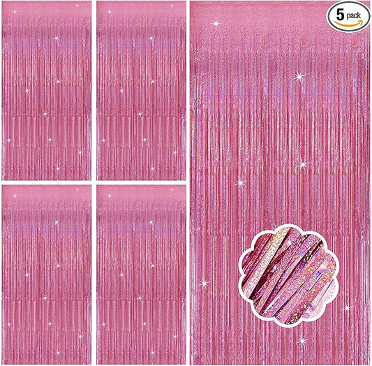 5 Pack Pink Tinsel Foil Fringe Curtains Tinsel Backdrop Sparkly Curtains Party Streamers for Valentines Bachelorette Holiday New Year Eve Celebrations Birthday Party