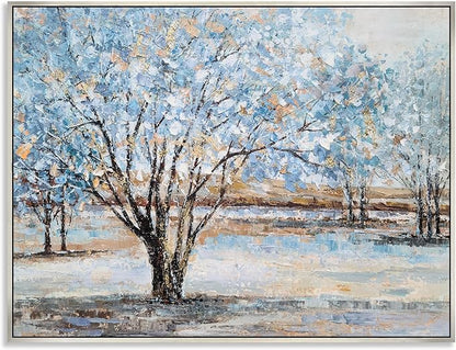 Yihui Arts Tree Canvas Wall Art - Hand Painted Textured Blue and Gold Foil Abstract Forest Landscape Modern Artwork for Living Room, Bedroom, and More