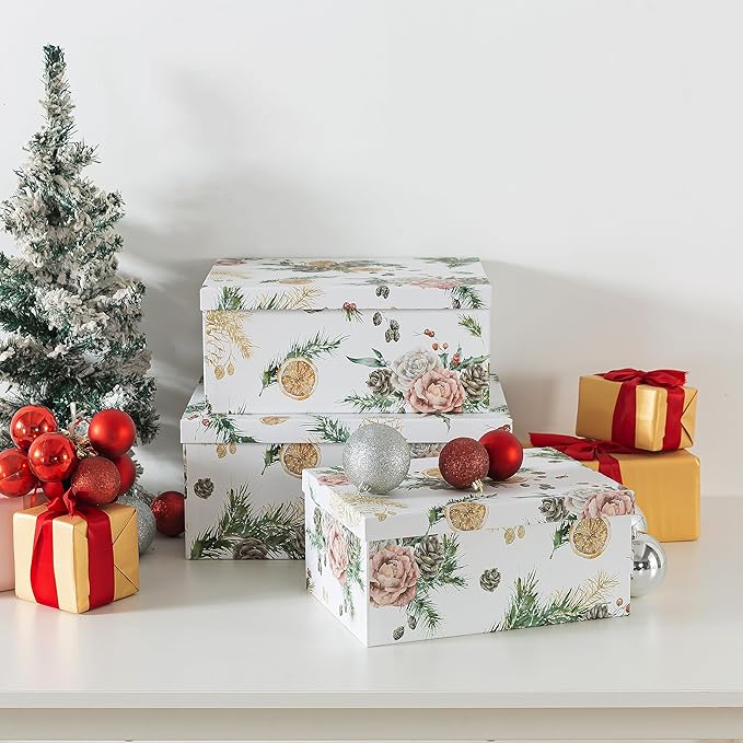 Soul & Lane Christmas Gift Box - Evergreen Ensemble - Set of 3: Holiday Themed Nesting Storage Boxes, Keepsake and Photo Boxes with Lids, Festive Decorative Cardboard Containers for Presents