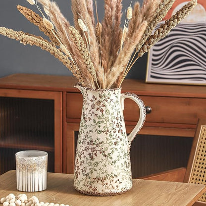 Enra Pitcher vase with Handle,12.2 in Ceramic Vintage Chinoiserie Floral Vase,Green and Beige Decorative Flower vase,Large Rustic Vases for Home Decors, Living Room, Bookshelf, Office
