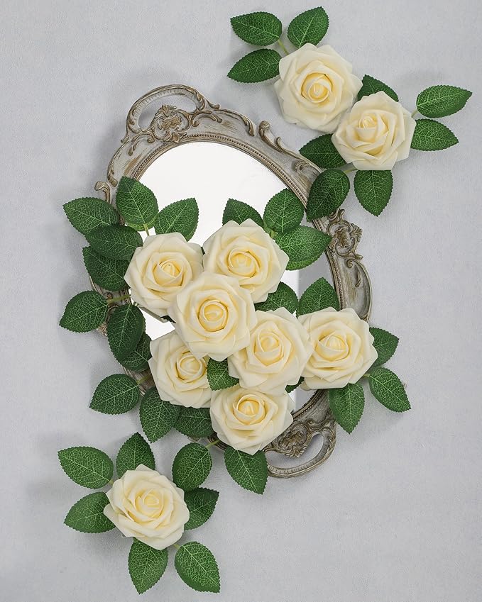 DuHouse 25Pcs Artificial Roses Flowers Fake Rose with Stems Real Touch Foam Flowers for DIY Wedding Bouquet Baby Shower Centerpiece Floral Arrangement Party Home Decor(Light Champagne)