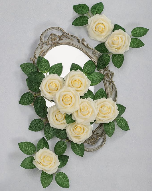 DuHouse 25Pcs Artificial Roses Flowers Fake Rose with Stems Real Touch Foam Flowers for DIY Wedding Bouquet Baby Shower Centerpiece Floral Arrangement Party Home Decor(Light Champagne)