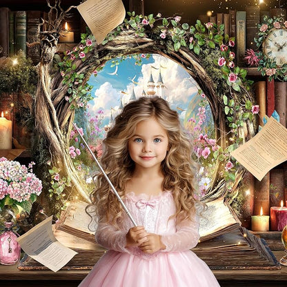 Riyidecor Fairy Woodland Library Backdrop Polyester Fabric Enchanted Castle Tale Reading Bookshelf Pink Floral Plant Botaniy 7Wx5H Feet Magic Nature Photography Background Birthday Photo Studio Shoot