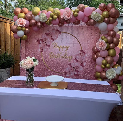 Pink Rose Gold Happy Birthday Backdrop Glitter Rose Gold Floral Balloon Bokeh Photography Background Girls Lady Sweet 16th 21th 30th Birthday Party Cake Table Photo Props 7x5FT
