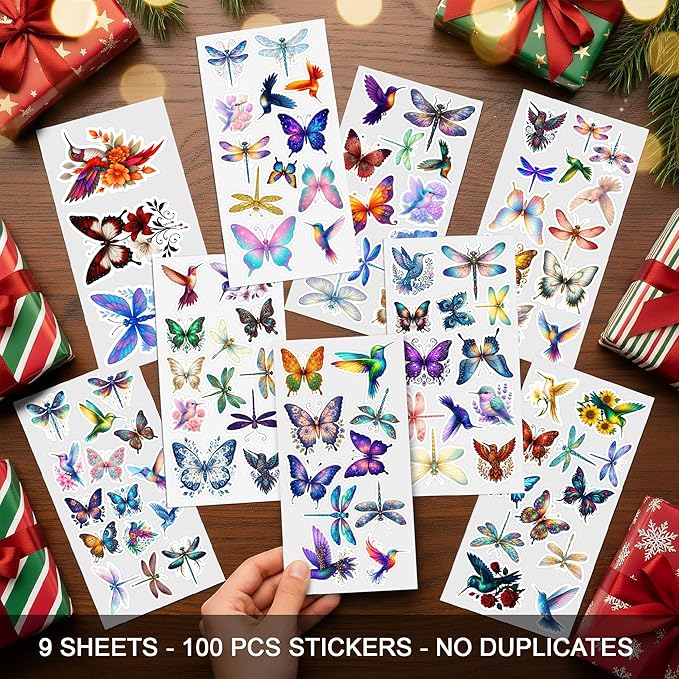 100 PCS Butterfly Dragonfly Hummingbird Stickers Pack, Vinyl Waterproof Decals of Colorful Butterflies Delicate, Gift for Teens Adults Students Wall Decor Laptop Water Bottle Scrapbook Helmet