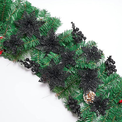 Zhuqing 22Pcs Christmas Poinsettia Artificial Flowers and Glitter Berries Stems Kit, 16Pcs Christmas Tree Flowers Ornaments and 6 Pack Christmas Tree Picks for Wedding Holiday Decorations (Black)