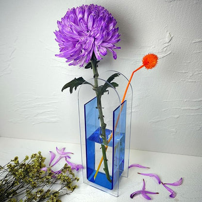 Acrylic Vase Creative Gifts Minimalist Design Wedding Centerpiece Home Office Decor Elegant Floral Display Stand(Not Including Flowers) (Semi-Blue, 1PCS)