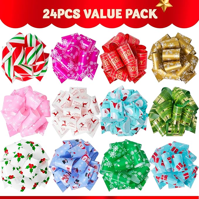 JOYIN 24 PCS Christmas Ribbon Pull Bow, 5" Gift Wrapping Pull Bow, Xmas Gift Accessory for Christmas Present Wrapping, Party Decorations, Boxing Day Decorations, Holiday Decor