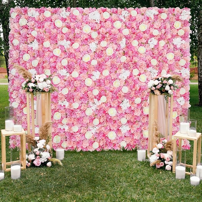 Rose Flower Wall Backdrop Panels 5ftx3.74ft Pink White Artificial Wedding Backdrop 3D Fake Floral Wall for Baby Shower Birthday Party Stage Photo Home Decor