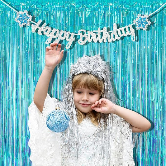 BRAVESHINE Iridescent Blue Foil Fringe Backdrop - 2 Pack 3.2x6.5 ft Holographic Tinsel Streamers Curtains for Christmas/Frozen/Winter’s Snowflake/Birthdays/Mermaid/Sea/Baby Party Decorations