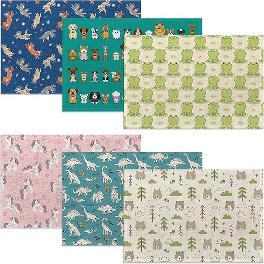 Cat Dog Dinosaur Frog Bear Placemats,Cute Cartoon Patterns Table Mats Set of 6,12x18 Inch,Waterproof Oil-Proof Washable and Reusable Linen placemats Holiday Party Kitchen Table Decorations