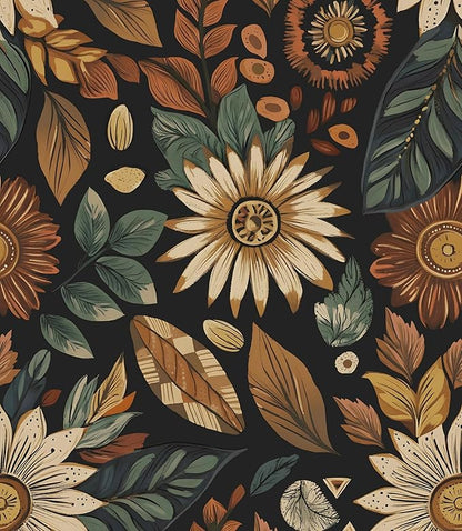 Boho Wallpaper Peel and Stick,Vintage Black Brown/Green Floral Contact Paper 17.5" x 118", Retro Flower Botanical Wall Paper Self Adhesive Removable Waterproof for Walls Shelves Cabinet Table Decor