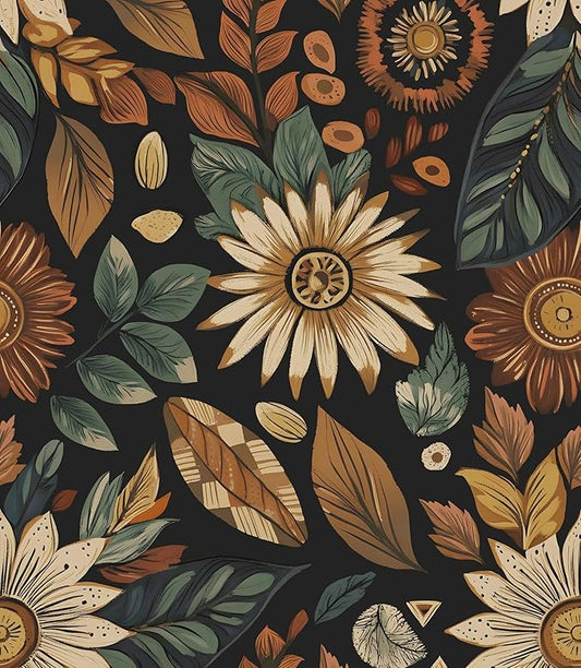 Boho Wallpaper Peel and Stick,Vintage Black Brown/Green Floral Contact Paper 17.5" x 118", Retro Flower Botanical Wall Paper Self Adhesive Removable Waterproof for Walls Shelves Cabinet Table Decor