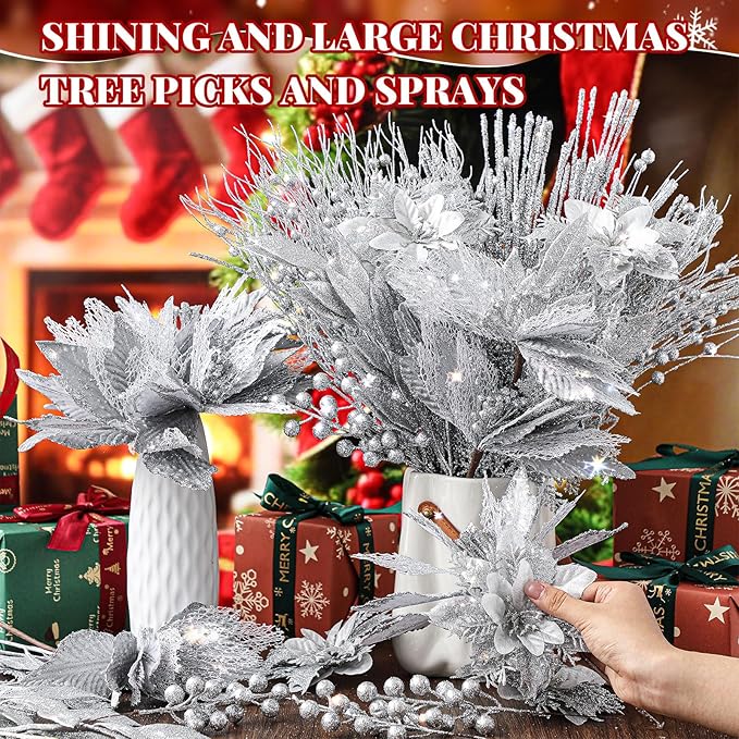 Yerliker 108 Pcs Sliver Glitter Christmas Picks and Sprays, 12 Styles Artificial Christmas Floral Berry Branches Flowers Stems for Xmas Tree Ornaments Wreath Garland DIY Vase Holiday Party Decor