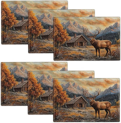 Farmhouse Deer Placemats Set of 6, Country Natural Place Mats, Rustic Forest Lodge Elk Wildlife Dining Table Mats, Washable Placemats for Kitchen Dining Room 18L'' × 12W''