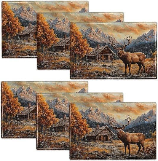 Farmhouse Deer Placemats Set of 6, Country Natural Place Mats, Rustic Forest Lodge Elk Wildlife Dining Table Mats, Washable Placemats for Kitchen Dining Room 18L'' × 12W''