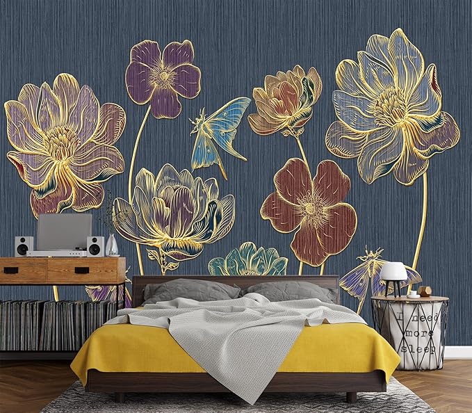 Eierme-Gold Embossed Plants and Flowers Mural Wallpaper Peel and Stick 90" x 67"