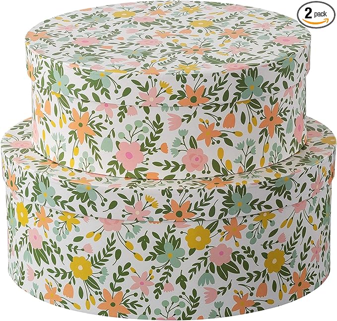 Soul & Lane Spring Fling Oval Decorative Keepsake Boxes with Lids - Set of 2: Floral Pattern Cardboard Containers, Stackable Retro Mache Paperboard Boxes, Nesting Gift Cartons, Shelves Storage