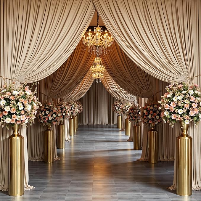 PartyVillage 50ft×15ft Beige Backdrop Curtain for Wedding Parties, 10 Panels Wrinkle Free 15 FT Long Polyester Photo Backdrop Drapes Back Drop Cloth for Birthday Photography Background
