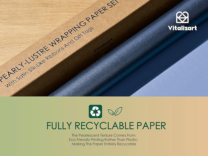 Vitalizart Blue Wrapping Paper Set 30" Pearly-Lustre With Silk Like Satin Ribbon & Gift Tags Recyclable Christmas Gift Wrapping Birthday Baby Shower Wedding Handmade Crafts 197"(16.4 Ft)