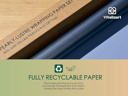 Vitalizart Blue Wrapping Paper Set 30" Pearly-Lustre With Silk Like Satin Ribbon & Gift Tags Recyclable Christmas Gift Wrapping Birthday Baby Shower Wedding Handmade Crafts 197"(16.4 Ft)