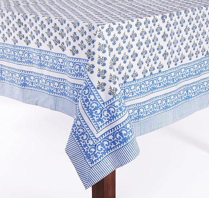 ATOSII Gulbahar Blue 100% Cotton Fall Rectangle Tablecloth, Handblock Print Floral Table Cloth for Kitchen Dining Linen I Thanksgiving Christmas Weddings Outdoors I 72 X 108 Inches I 8 Seater